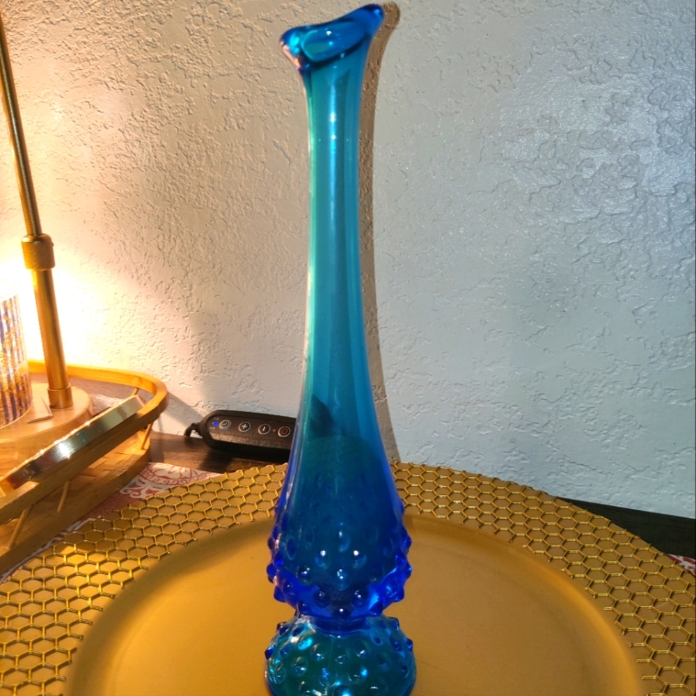 Vintage Cobalt Blue Unsigned Fenton Hobnail Bud Vase 9.75” Swung Stretch MCM